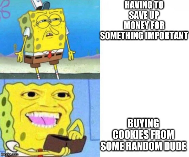 Cookie simulater be like | HAVING TO SAVE UP MONEY FOR SOMETHING IMPORTANT; BUYING COOKIES FROM SOME RANDOM DUDE | image tagged in sponge bob wallet | made w/ Imgflip meme maker