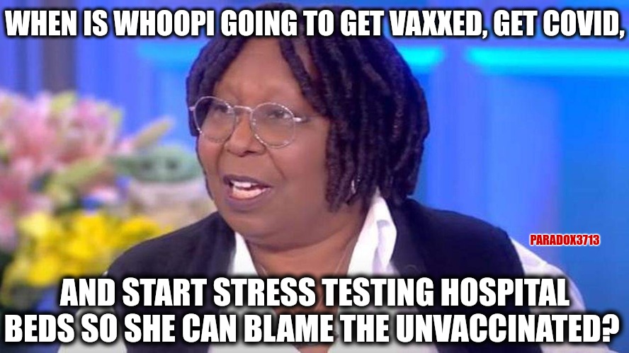 Inquiring minds want to know... | WHEN IS WHOOPI GOING TO GET VAXXED, GET COVID, PARADOX3713; AND START STRESS TESTING HOSPITAL BEDS SO SHE CAN BLAME THE UNVACCINATED? | image tagged in memes,politics,democrats,republicans,funny,coronavirus | made w/ Imgflip meme maker