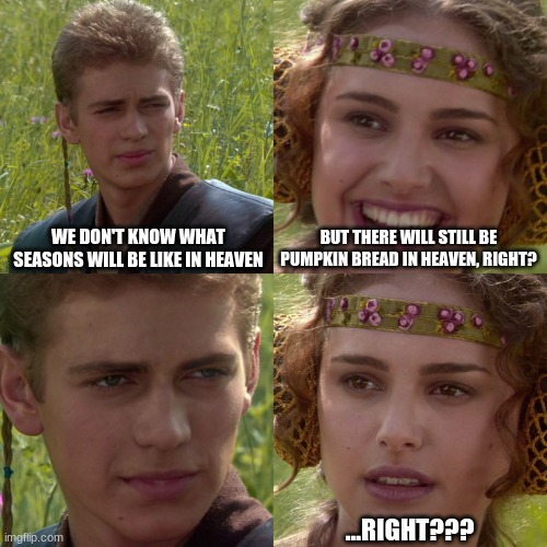 Anakin Padme 4 Panel | WE DON'T KNOW WHAT SEASONS WILL BE LIKE IN HEAVEN; BUT THERE WILL STILL BE PUMPKIN BREAD IN HEAVEN, RIGHT? ...RIGHT??? | image tagged in anakin padme 4 panel | made w/ Imgflip meme maker