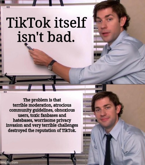 If only we could fix TikTok... :,( | TikTok itself isn't bad. The problem is that terrible moderation, atrocious community guidelines, obnoxious users, toxic fanbases and hatebases, worrisome privacy invasion and very terrible challenges destroyed the reputation of TikTok. | image tagged in jim halpert explains,tiktok,fix,fixing,problems,first world problems | made w/ Imgflip meme maker