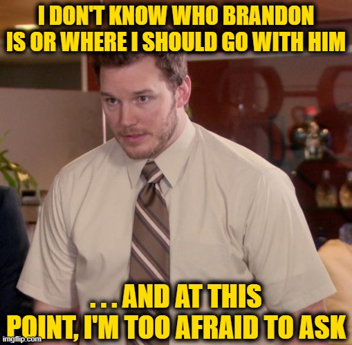 Afraid To Ask Andy | I DON'T KNOW WHO BRANDON IS OR WHERE I SHOULD GO WITH HIM; . . . AND AT THIS POINT, I'M TOO AFRAID TO ASK | image tagged in memes,afraid to ask andy | made w/ Imgflip meme maker