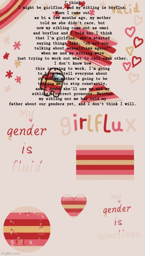 Idk what to do? | I think I might be girlflux, and my sibling is boyflux.
When I came out as bi a few months ago, my mother told me she didn't care, but now my sibling came out as omni and boyflux and I told her I think that I'm girlflux, she's started saying things like, "oh are you talking about sexualities again?" when me and my sibling were just trying to work out what to call each other.
I don't know how this is going to work, I'm going to have to tell everyone about it and my mother's going to be telling me to stop constantly, and I doubt she'll use me and my sibling's correct pronouns. Neither my sibling nor me has told my father about our genders yet, and I don't think I will. | image tagged in help,lgbtq,lgbt,pronouns,gender | made w/ Imgflip meme maker