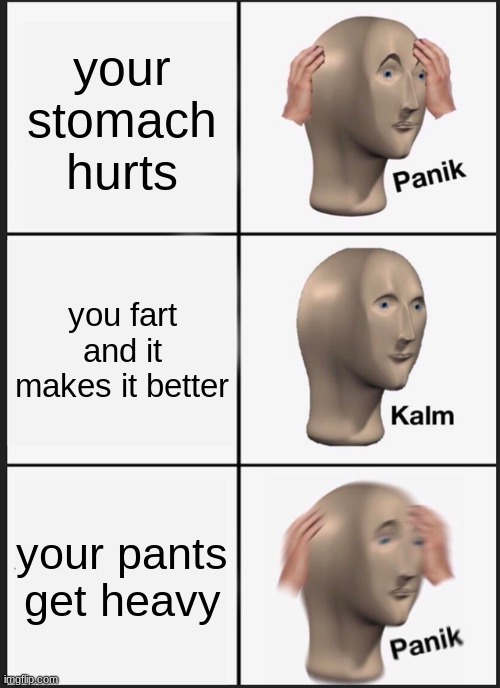Panik Kalm Panik Meme | your stomach hurts; you fart and it makes it better; your pants get heavy | image tagged in memes,panik kalm panik | made w/ Imgflip meme maker