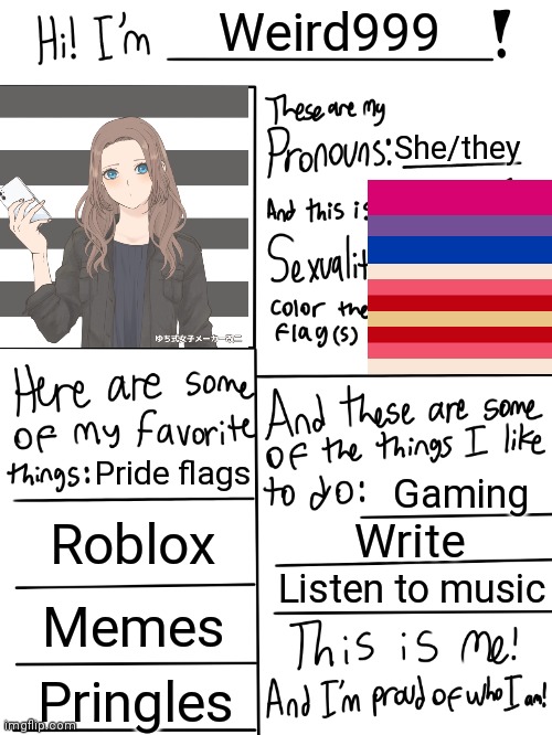 This is me | Weird999; She/they; Pride flags; Gaming; Roblox; Write; Listen to music; Memes; Pringles | image tagged in lgbtq stream account profile,lgbtq,pride,bisexual | made w/ Imgflip meme maker