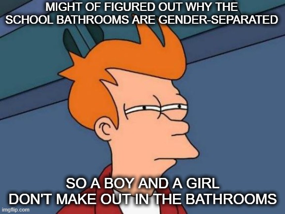 When you realize why the school bathrooms are gender-seperated | MIGHT OF FIGURED OUT WHY THE SCHOOL BATHROOMS ARE GENDER-SEPARATED; SO A BOY AND A GIRL DON'T MAKE OUT IN THE BATHROOMS | image tagged in memes,futurama fry,school,umm | made w/ Imgflip meme maker