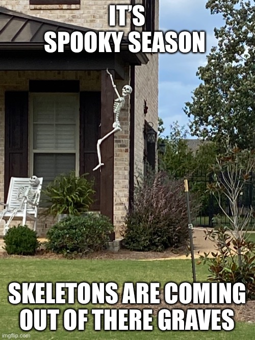 They want to have fun too you know | IT’S SPOOKY SEASON; SKELETONS ARE COMING OUT OF THERE GRAVES | image tagged in funny,october,skeleton,spooky month | made w/ Imgflip meme maker