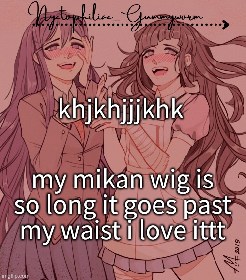 i look cringy in it but thats not the point | khjkhjjjkhk; my mikan wig is so long it goes past my waist i love ittt | image tagged in laziest temp gummyworm has ever made lmao | made w/ Imgflip meme maker