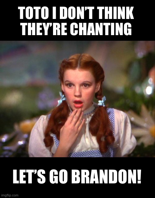 Nobody’s falling for it | TOTO I DON’T THINK 
THEY’RE CHANTING; LET’S GO BRANDON! | image tagged in dorothy,biden | made w/ Imgflip meme maker