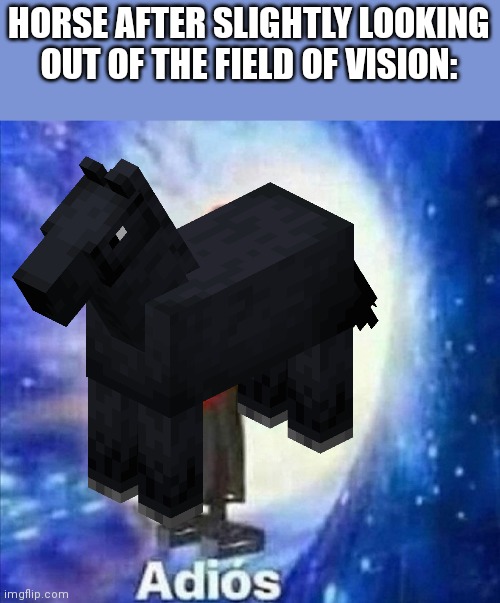 title |  HORSE AFTER SLIGHTLY LOOKING OUT OF THE FIELD OF VISION: | image tagged in adios | made w/ Imgflip meme maker