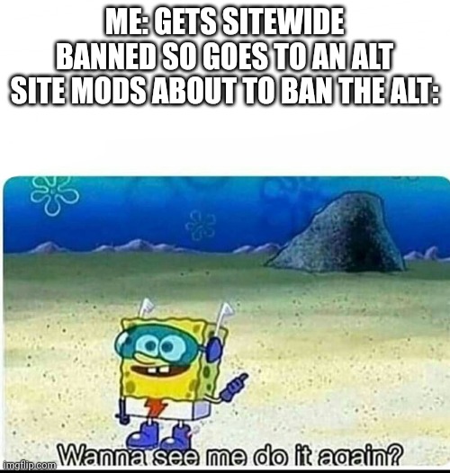 Bruh | ME: GETS SITEWIDE BANNED SO GOES TO AN ALT
SITE MODS ABOUT TO BAN THE ALT: | image tagged in spongebob wanna see me do it again | made w/ Imgflip meme maker
