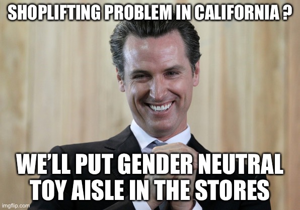 Scheming Gavin Newsom  | SHOPLIFTING PROBLEM IN CALIFORNIA ? WE’LL PUT GENDER NEUTRAL TOY AISLE IN THE STORES | image tagged in scheming gavin newsom | made w/ Imgflip meme maker