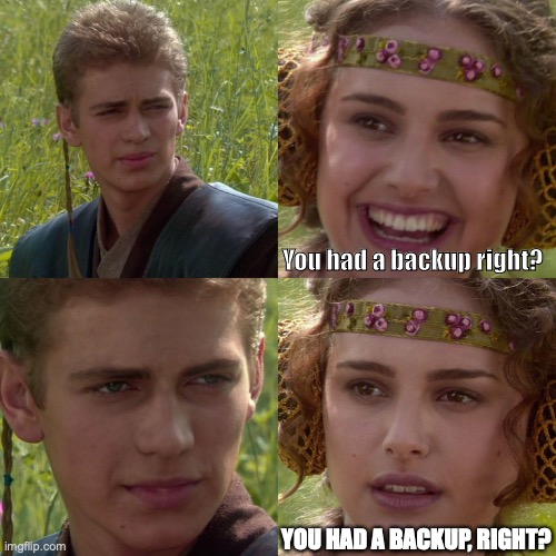 Anakin Padme 4 Panel | You had a backup right? YOU HAD A BACKUP, RIGHT? | image tagged in anakin padme 4 panel | made w/ Imgflip meme maker