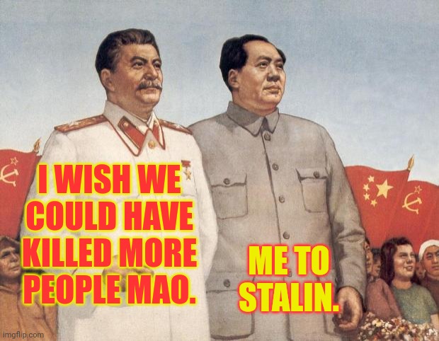Communism Always Ends The Same | I WISH WE COULD HAVE KILLED MORE PEOPLE MAO. ME TO STALIN. | image tagged in stalin and mao,communism,stalin,mao | made w/ Imgflip meme maker