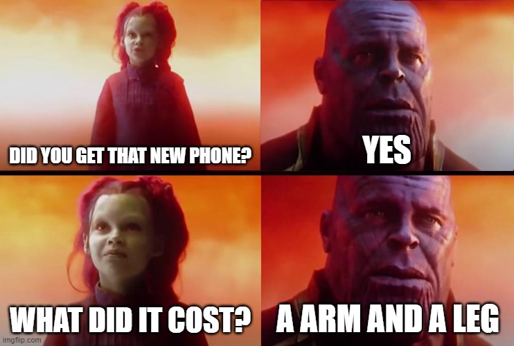thanos what did it cost | DID YOU GET THAT NEW PHONE? YES; WHAT DID IT COST? A ARM AND A LEG | image tagged in thanos what did it cost | made w/ Imgflip meme maker