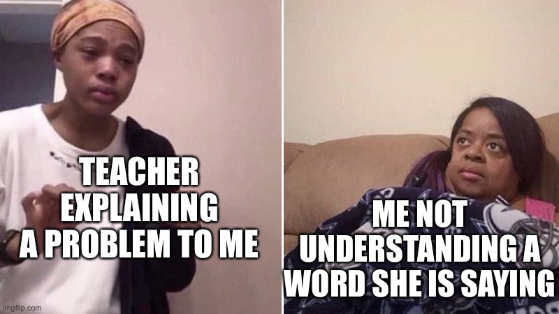 Me explaining to my mom | TEACHER EXPLAINING A PROBLEM TO ME; ME NOT UNDERSTANDING A WORD SHE IS SAYING | image tagged in me explaining to my mom | made w/ Imgflip meme maker