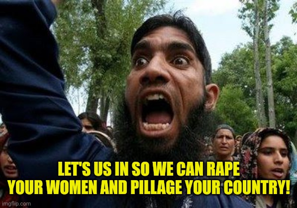 Angry Muslim | LET'S US IN SO WE CAN RAPE YOUR WOMEN AND PILLAGE YOUR COUNTRY! | image tagged in angry muslim | made w/ Imgflip meme maker