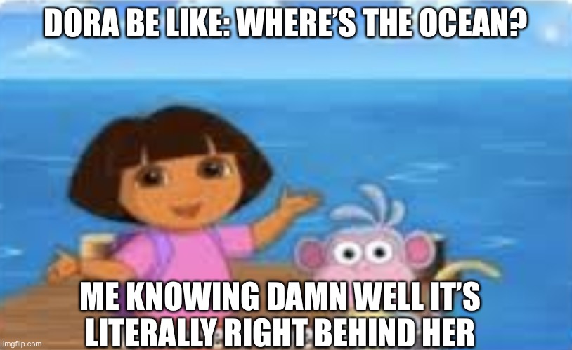 Dora DumDum | DORA BE LIKE: WHERE’S THE OCEAN? ME KNOWING DAMN WELL IT’S LITERALLY RIGHT BEHIND HER | image tagged in dora dumdum | made w/ Imgflip meme maker