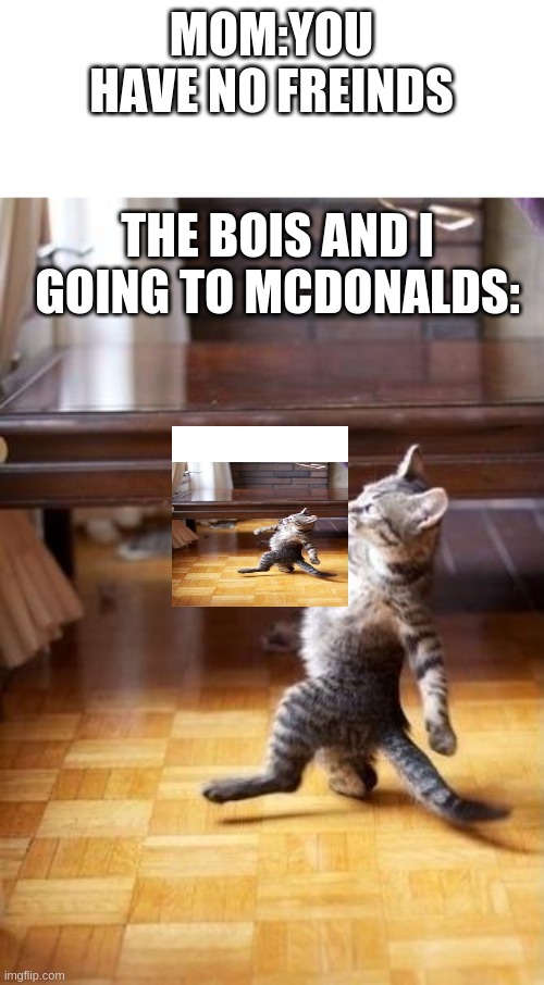 Cool Cat Stroll | MOM:YOU HAVE NO FREINDS; THE BOIS AND I GOING TO MCDONALDS: | image tagged in memes,cool cat stroll | made w/ Imgflip meme maker