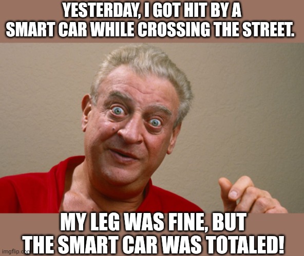 True story | YESTERDAY, I GOT HIT BY A SMART CAR WHILE CROSSING THE STREET. MY LEG WAS FINE, BUT THE SMART CAR WAS TOTALED! | image tagged in rodney | made w/ Imgflip meme maker