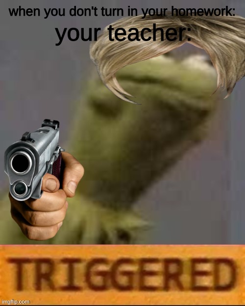 killer karen | when you don't turn in your homework:; your teacher: | image tagged in kermit triggered | made w/ Imgflip meme maker