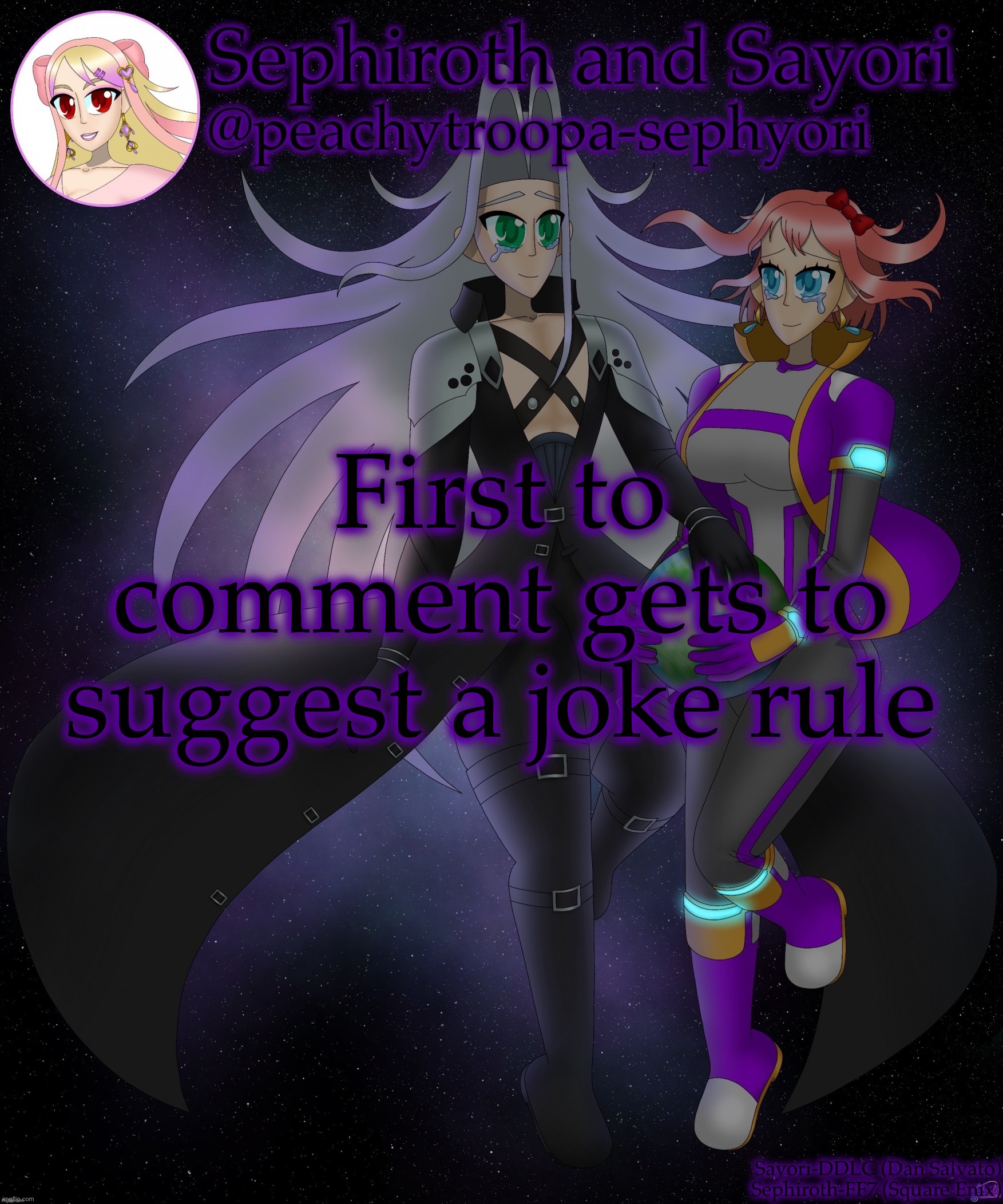 Sayori and Sephiroth | First to comment gets to suggest a joke rule | image tagged in sayori and sephiroth | made w/ Imgflip meme maker