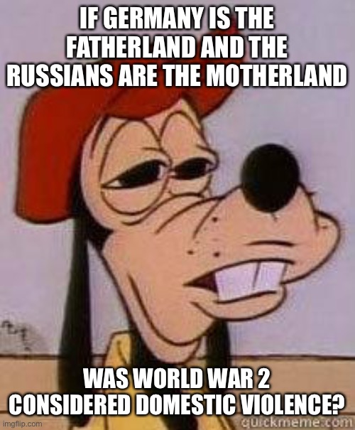 Made this realization… | IF GERMANY IS THE FATHERLAND AND THE RUSSIANS ARE THE MOTHERLAND; WAS WORLD WAR 2 CONSIDERED DOMESTIC VIOLENCE? | image tagged in stoned goofy | made w/ Imgflip meme maker