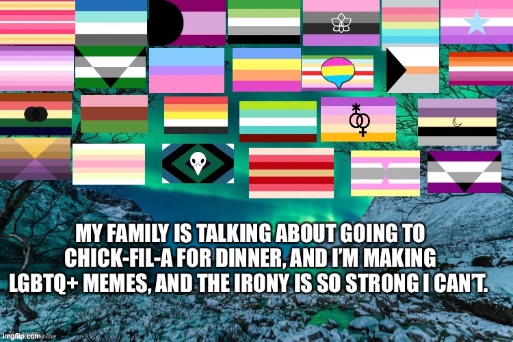 Northern Lights Announcement | MY FAMILY IS TALKING ABOUT GOING TO CHICK-FIL-A FOR DINNER, AND I’M MAKING LGBTQ+ MEMES, AND THE IRONY IS SO STRONG I CAN’T. | image tagged in northern lights announcement | made w/ Imgflip meme maker