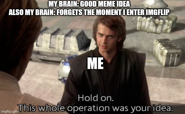 Why. Just why? | MY BRAIN: GOOD MEME IDEA
ALSO MY BRAIN: FORGETS THE MOMENT I ENTER IMGFLIP; ME | image tagged in this whole operation was your idea | made w/ Imgflip meme maker