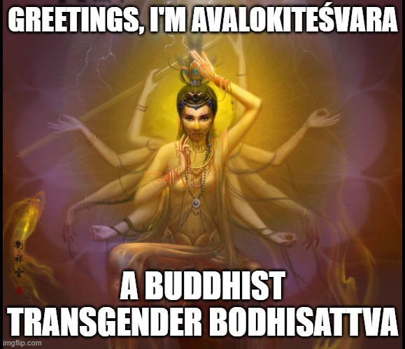 GREETINGS, I'M AVALOKITEŚVARA; A BUDDHIST TRANSGENDER BODHISATTVA | image tagged in deities,bodhisattva,memes,lgbtq,transgender | made w/ Imgflip meme maker