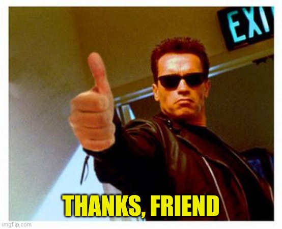 terminator thumbs up | THANKS, FRIEND | image tagged in terminator thumbs up | made w/ Imgflip meme maker