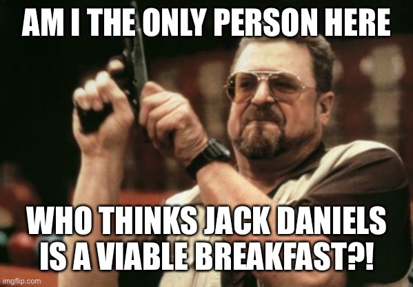 Am I The Only One Around Here | AM I THE ONLY PERSON HERE; WHO THINKS JACK DANIELS IS A VIABLE BREAKFAST?! | image tagged in memes,am i the only one around here | made w/ Imgflip meme maker
