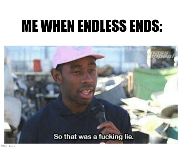 Best song in the Sonic.EXE mod | ME WHEN ENDLESS ENDS: | image tagged in so that was a f---ing lie | made w/ Imgflip meme maker