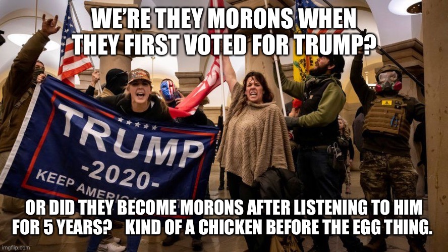 trump supporters in capitol january 6 | WE’RE THEY MORONS WHEN THEY FIRST VOTED FOR TRUMP? OR DID THEY BECOME MORONS AFTER LISTENING TO HIM FOR 5 YEARS?    KIND OF A CHICKEN BEFORE THE EGG THING. | image tagged in trump supporters in capitol january 6 | made w/ Imgflip meme maker