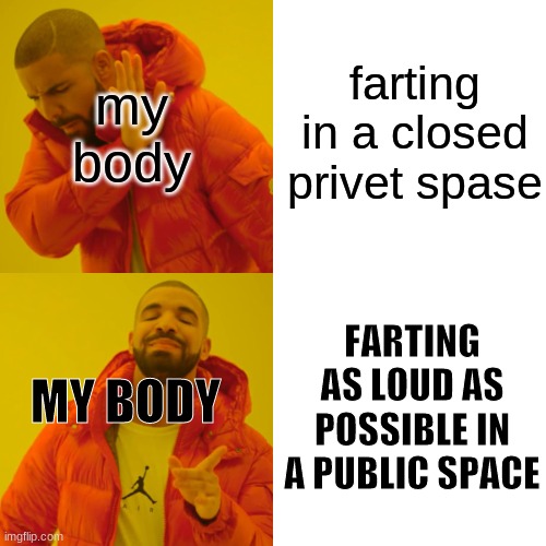 BRUH -_- | farting in a closed privet spase; my body; FARTING AS LOUD AS POSSIBLE IN A PUBLIC SPACE; MY BODY | image tagged in memes,drake hotline bling | made w/ Imgflip meme maker