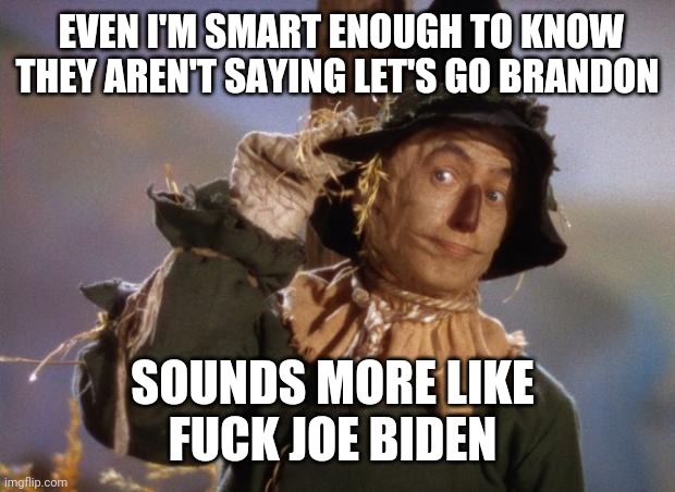 Smarter than Joe | EVEN I'M SMART ENOUGH TO KNOW THEY AREN'T SAYING LET'S GO BRANDON; SOUNDS MORE LIKE 
FUCK JOE BIDEN | image tagged in scarecrow,creepy joe biden | made w/ Imgflip meme maker