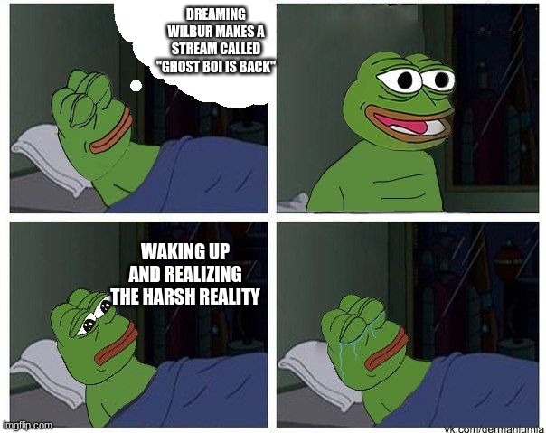 :( | DREAMING WILBUR MAKES A STREAM CALLED "GHOST BOI IS BACK"; WAKING UP AND REALIZING THE HARSH REALITY | image tagged in pepe dreaming | made w/ Imgflip meme maker