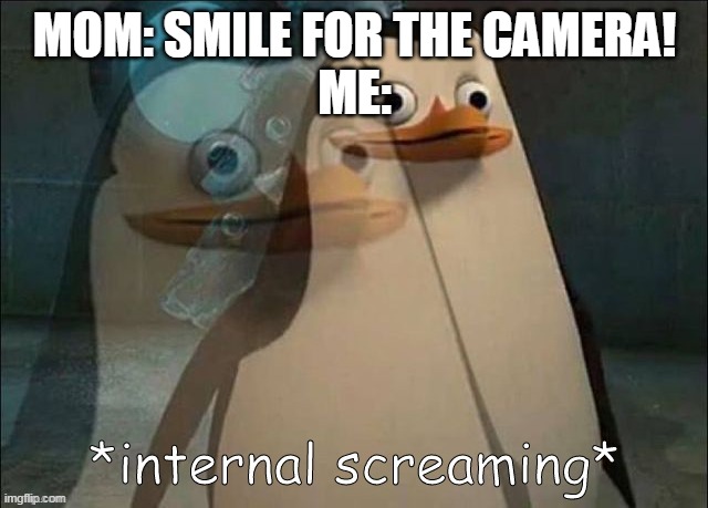 Private Internal Screaming | MOM: SMILE FOR THE CAMERA!
ME: | image tagged in rico internal screaming | made w/ Imgflip meme maker