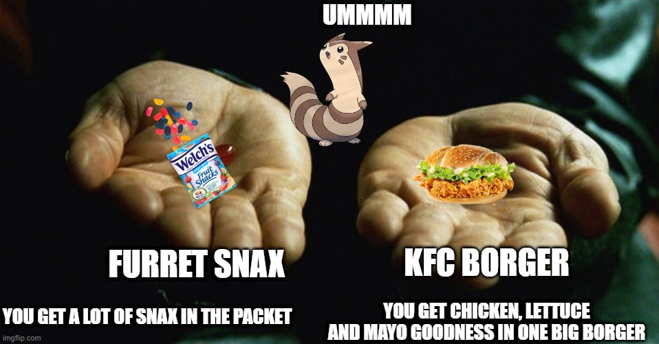 choose | UMMMM; FURRET SNAX; KFC BORGER; YOU GET A LOT OF SNAX IN THE PACKET; YOU GET CHICKEN, LETTUCE AND MAYO GOODNESS IN ONE BIG BORGER | image tagged in red pill blue pill | made w/ Imgflip meme maker