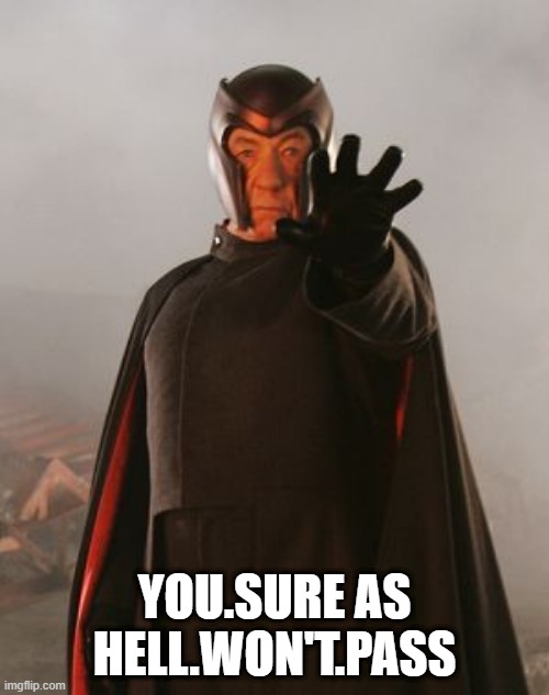Metal Barrier | YOU.SURE AS HELL.WON'T.PASS | image tagged in magneto | made w/ Imgflip meme maker