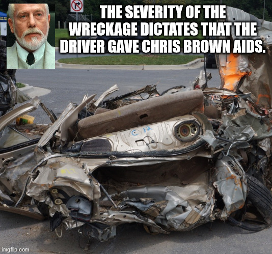 People v Chris Brown | THE SEVERITY OF THE WRECKAGE DICTATES THAT THE DRIVER GAVE CHRIS BROWN AIDS. | image tagged in psychoanalysing chris brown,chris borwn's temper,chris brown's rage | made w/ Imgflip meme maker