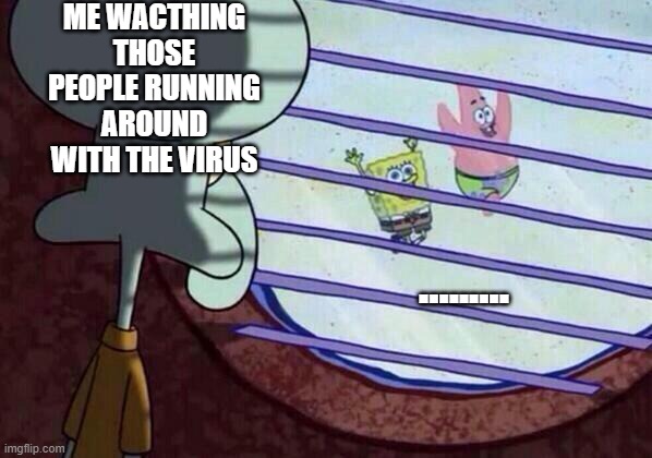 me in quarantine | ME WACTHING THOSE PEOPLE RUNNING AROUND WITH THE VIRUS; ......... | image tagged in squidward window | made w/ Imgflip meme maker