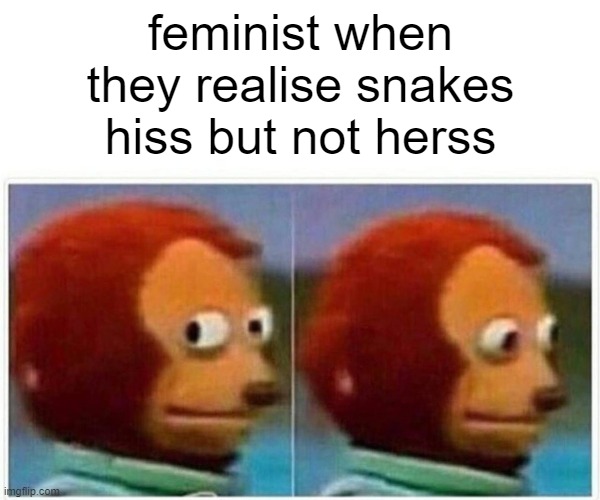 I know that | feminist when they realise snakes hiss but not herss | image tagged in memes,monkey puppet | made w/ Imgflip meme maker