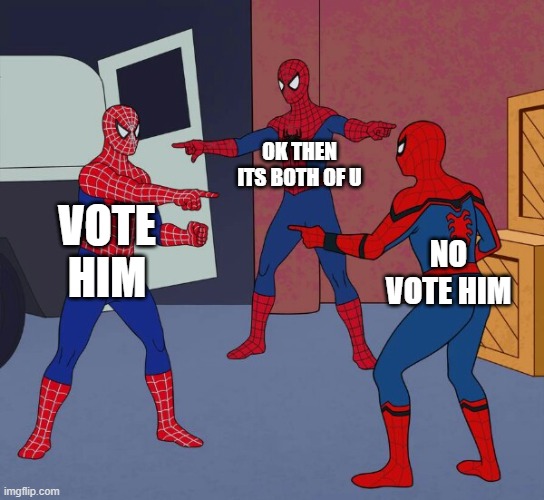 Spiderman among us | OK THEN ITS BOTH OF U; VOTE HIM; NO VOTE HIM | image tagged in spider man triple | made w/ Imgflip meme maker