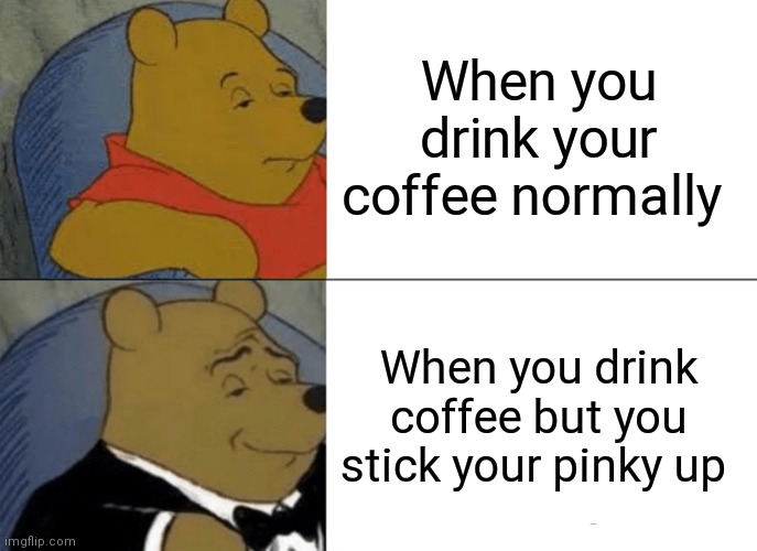 Tuxedo Winnie The Pooh Meme | When you drink your coffee normally; When you drink coffee but you stick your pinky up | image tagged in memes,tuxedo winnie the pooh,coffee,fancy pooh | made w/ Imgflip meme maker