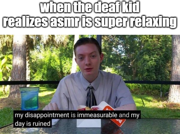 poor guy:( | when the deaf kid realizes asmr is super relaxing | image tagged in my dissapointment is immeasureable and my day is ruined | made w/ Imgflip meme maker