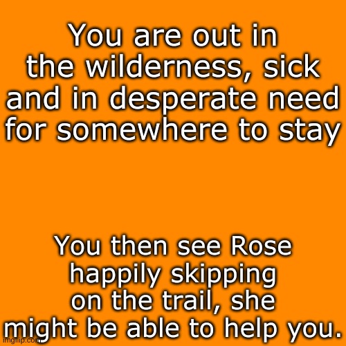 Blank Transparent Square Meme | You are out in the wilderness, sick and in desperate need for somewhere to stay; You then see Rose happily skipping on the trail, she might be able to help you. | image tagged in blank transparent square,random rp | made w/ Imgflip meme maker