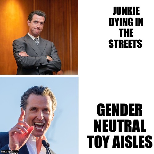 Gavin Newsom Hypocrite | JUNKIE  DYING IN THE STREETS; GENDER NEUTRAL TOY AISLES | image tagged in gavin newsom hypocrite | made w/ Imgflip meme maker