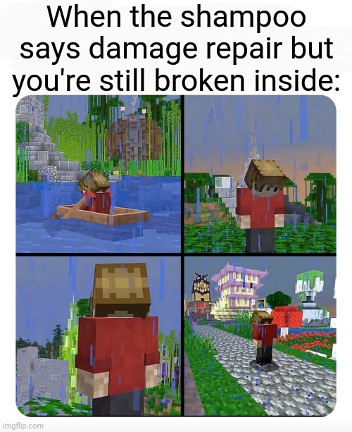 This is so me | When the shampoo says damage repair but you're still broken inside: | image tagged in sad grian,memes,funny | made w/ Imgflip meme maker