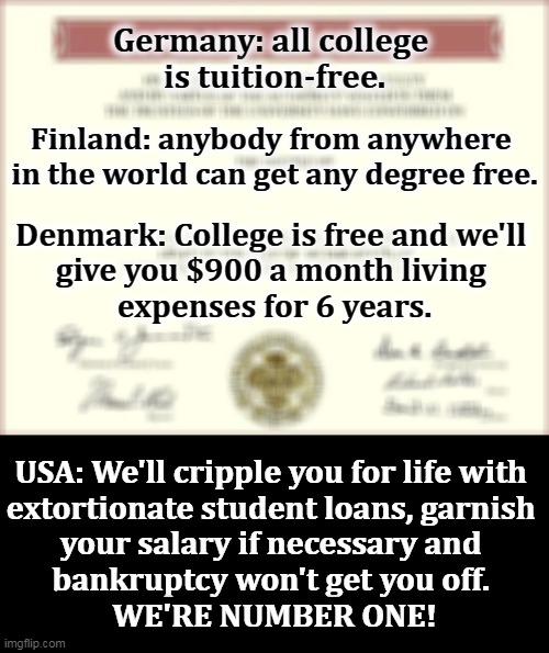 diploma | Germany: all college 
is tuition-free. Finland: anybody from anywhere 
in the world can get any degree free. Denmark: College is free and we'll 
give you $900 a month living 
expenses for 6 years. USA: We'll cripple you for life with 
extortionate student loans, garnish 
your salary if necessary and 
bankruptcy won't get you off. 
WE'RE NUMBER ONE! | image tagged in diploma,germany,finland,denmark,education,america | made w/ Imgflip meme maker