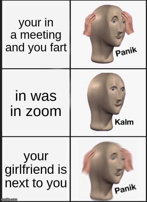 Panik Kalm Panik | your in a meeting and you fart; in was in zoom; your girlfriend is next to you | image tagged in memes,panik kalm panik | made w/ Imgflip meme maker